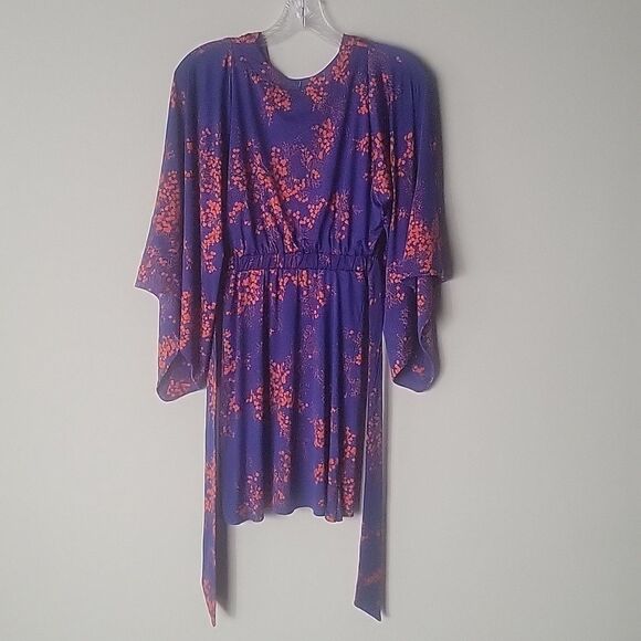 T Bags XS Blue Floral Kimono Mini Stretchy Dress Coquette Waist Tie V Neck Boho - Picture 10 of 13